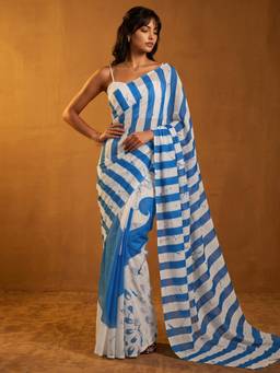 Nyri - Stripes Printed Blue Linen Saree