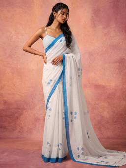 Nyri - Floral Printed White Linen Saree