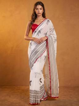 Nyri - Printed White Linen Saree