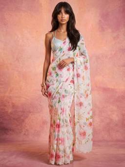 Nyri - Printed White Linen Saree