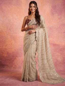 Nyri - Sequins Embroidery Beige Shimmer Georgette Saree