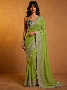 Nyri - Embroidery Pista Green Shimmer Georgette Saree