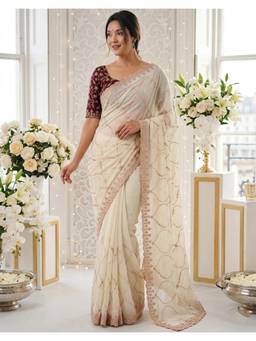 Nyri - Embroidery Off White Shimmer Georgette Saree