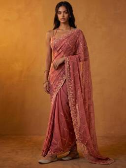 Nyri - Embroidery Dark Peach Shimmer Georgette Saree