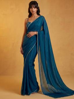 Nyri - Lace Peacock Blue Satin Chiffon Saree