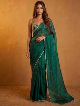 Nyri - Lace Green Satin Chiffon Saree