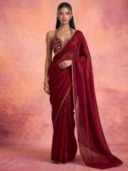 Nyri - Lace Maroon Satin Chiffon Saree
