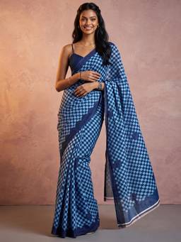 Nyri - Printed Blue Linen Saree