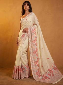 Nyri - Printed Cream Linen Saree