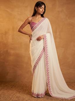 Nyri - Embroidery Off White Shimmer Georgette Saree