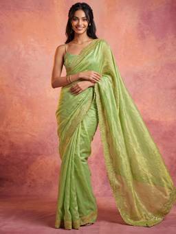 Nyri - Sequins Embroidery Parrot Green Tissue Silk Saree