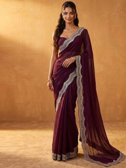 Nyri - Sequins Embroidery Wine Tissue Silk Saree