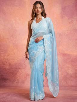 Nyri - Embroidery Light Blue Net Saree