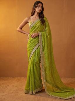 Nyri - Weaving Lime Green Shimmer Georgette Saree