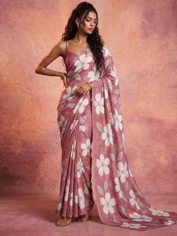 Nyri - Floral Printed Dusty Mauve Chiffon Saree