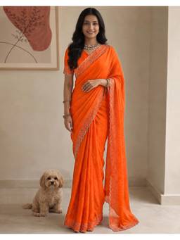 Nyri - Stone Work Orange Shimmer Chiffon Saree