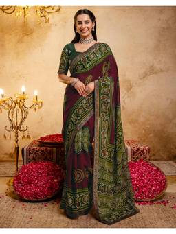 Nyri - Printed Dark Green Georgette Saree