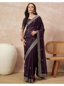 Nyri - Embroidery Dark Wine Shimmer Georgette Saree