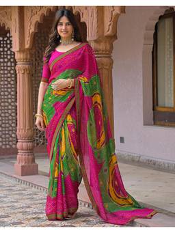 Nyri - Bandhani Printed Dark Pink Georgette Saree
