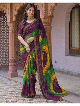 Nyri - Bandhani Printed Dark Purple Georgette Saree