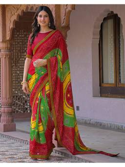 Nyri - Bandhani Printed Red Georgette Saree