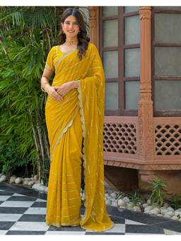 Nyri - Sequins Embroidery Yellow Shimmer Georgette Saree