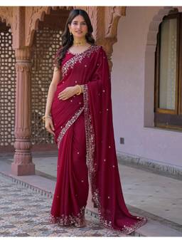 Nyri - Sequins Embroidery Dark Rani Pink Shimmer Georgette Saree