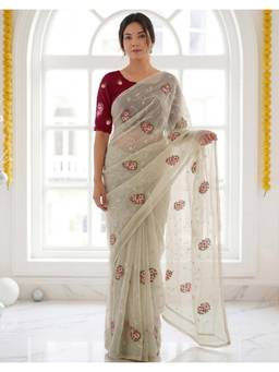 Nyri - Embroidery Beige Shimmer Georgette Saree