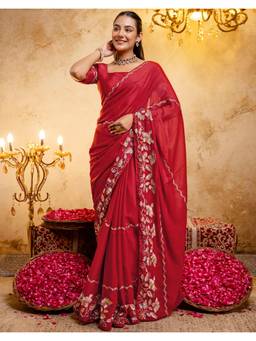Nyri - Embroidery Red Shimmer Georgette Saree