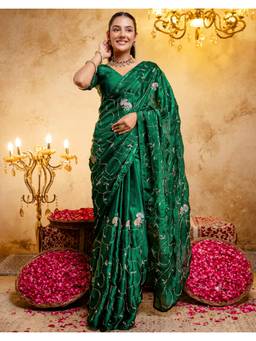 Nyri - Sequins Work Dark Green Tissue Silk Saree