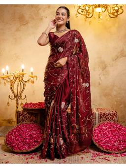 Nyri - Sequins Work Dark Maroon Tissue Silk Saree