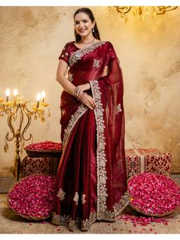 Nyri - Embroidery Dark Maroon Shimmer Chiffon Saree