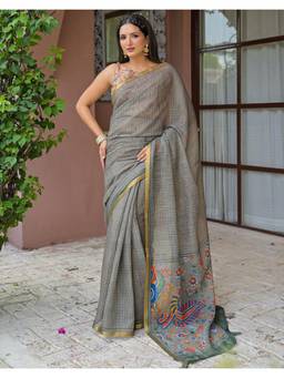Nyri - Printed Grey Linen Saree