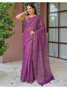 Nyri - Printed Purple Linen Saree
