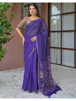 Nyri - Printed Blue Linen Saree