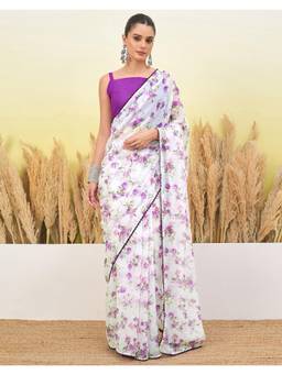 Nyri - Floral Printed Purple Georgette Saree