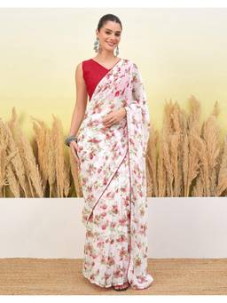 Nyri - Floral Printed Red Georgette Saree