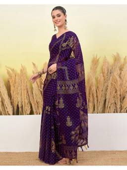 Nyri - Foil Printed Purple Shimmer Chiffon Saree