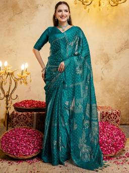 Nyri - Foil Printed Peacock Blue Shimmer Chiffon Saree