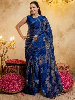 Nyri - Foil Printed Teal Shimmer Chiffon Saree