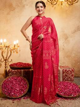Nyri - Foil Printed Red Shimmer Chiffon Saree