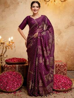 Nyri - Foil Printed Wine Shimmer Chiffon Saree