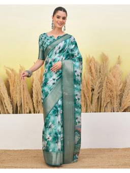 Nyri - Floral Printed Turquoise Silk Saree