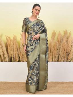 Nyri - Printed Olive Silk Saree