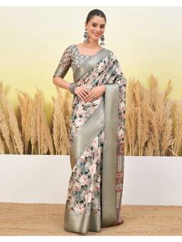 Nyri - Floral Printed Grey Silk Saree