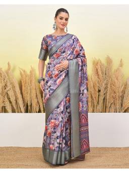 Nyri - Floral Printed Lavender Silk Saree