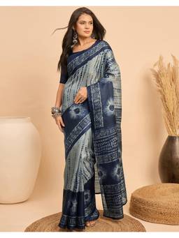 Nyri - Printed Navy Blue Saree