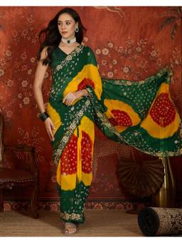 Nyri - Bandhani Printed Green Georgette Saree