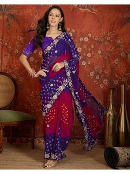 Nyri - Bandhani Printed Purple Georgette Saree