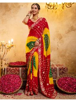 Nyri - Bandhani Printed Red Georgette Saree